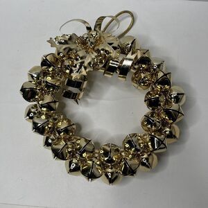 Christmas Gold Metal Holly Leaves Jingle Bells Wreath 9”